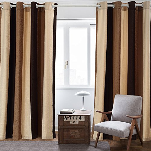 VIAGL Bedroom Blackout Curtains 100% Absolute Blackout Heat Insulation Chenille Vertical Striped Color Window Curtains Living Room Buttonhole Curtains (W52xL63, Brown)