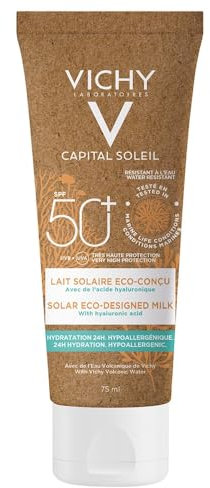 Vichy, Capital Soleil, Lait Solaire Eco-Conçu SPF50+, Protecteur, Hydratant, Visage & Corps, Eau Thermale et Acide Hyaluronique, Formule Respectueuse des Fonds Marins, Tous Types de Peaux, 75ml