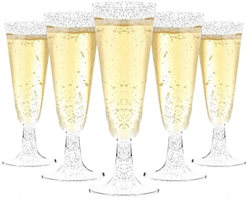 LATERN 50 Stück Silbernem Glitzer Champagnerflöten, 150ml Sektgläser aus Kunststoff Wiederverwendbare Party Weinbecher mit Stiel für Garten Hochzeitstag Duschen Partys (5,5 x 16,5cm)