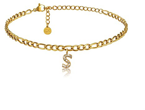 GD GOOD.designs Fußkettchen Gold mit Buchstaben S wasserfest mit 18K Vergoldung I Fussbändchen für Damen verstellbar aus Edelstahl (Buchstabe S - Valentinstag - Geschenk für Sie
