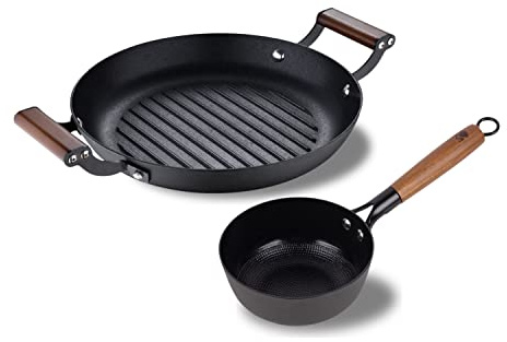 MasterPRO Odín | Kastrull 16 cm och grillplatta 28 cm | Tillverkad av pressat järn | ergonomiskt akaciathandtag | köksredskap | för alla typer av spisar