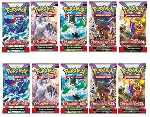 Pokemon 10 Karmesin & Purpur: Entwicklungen in Paldea Booster Sammelkarten | DEUTSCH | Karmesin und Purpur Karten Serie | + Arkero-G 100 Soft Card Sleeves