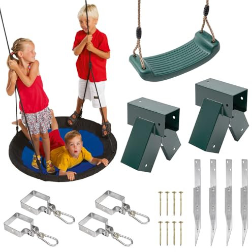 TRIBECCO Kinderschaukel Spielplatzschaukel Set mit Nestschaukel Bodenanker und Schaukelverbinder - Belastbar bis 150 kg - Ideal für Kinder und Erwachsene (90° Grün)