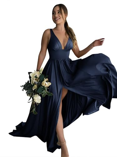 Babyonlinedress Babyonline D.R.E.S.S. Robe de Bal Longue Elégante Col V Profond avec Fente Robe pour Mariage Invitée Femme Temoin Bleu Marine 38