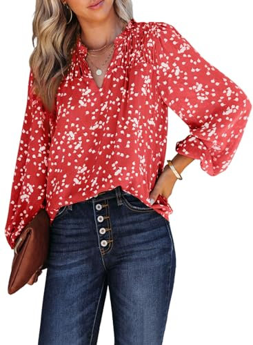 Dokotoo Damen Bluse Elegant Chiffonbluse Boho Blumen Langarm Tunika V-Ausschnitt Locker Oberteile Shirts Tops, rot, ​L