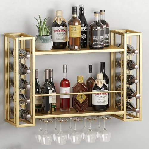 ZAOBAS Wall Mounted Wine Rack, Hanging Floating Bar Liquor Shelves with Glass Holder, Metal Bottle Holder Wine Storage Display Shelf for Home Bar, Gold(31.5”W x 9.8”D x 21.6”H)