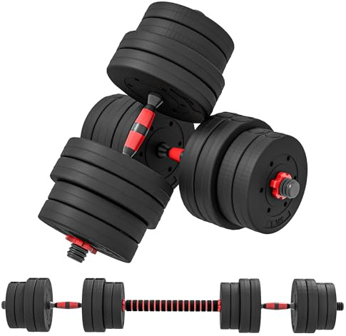 HOMCOM Lot de 2 Haltères Musculation 2-en-1 15 kg Poids Réglable Noir Rouge