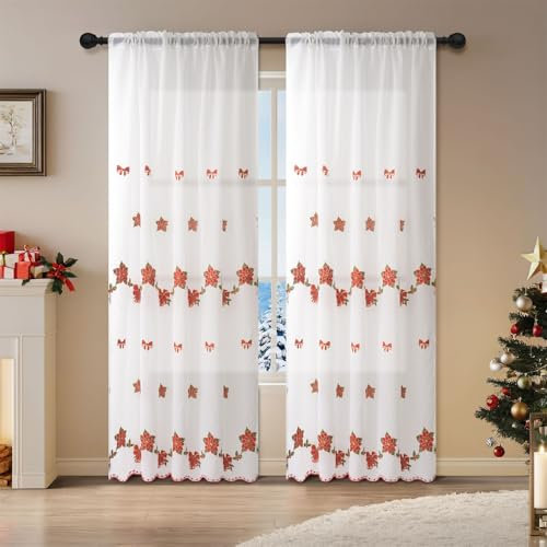 Odot Tende Semi Trasparenti per Interni, Agrifoglio Natalizio Fiore Rosso Papillon Campanello Stile Ricamo Tenda Voile con Tasca per Asta Tenda Filtranti Finestra 2 Pannelli (100x200cm)
