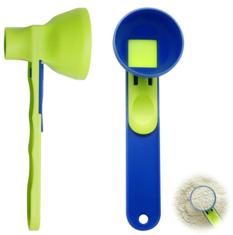 2 cucharas medidoras de proteína en polvo con forma de embudo, cuchara medidora grande con forma de embudo, cuchara medidora portátil con mango deslizante, cuchara medidora con escala, embudo
