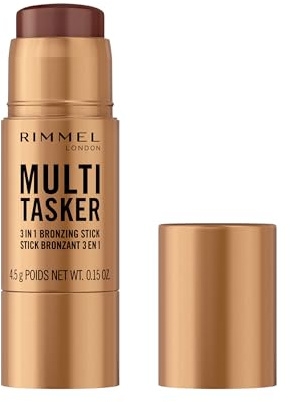 Rimmel Multi Tasker Bronzing Contour Stick Stick 004 Deep | Creamy vegan bronzer creates a sculpted sun-kissed glow; light-reflective pigments & vitamins C/E boost radiance.