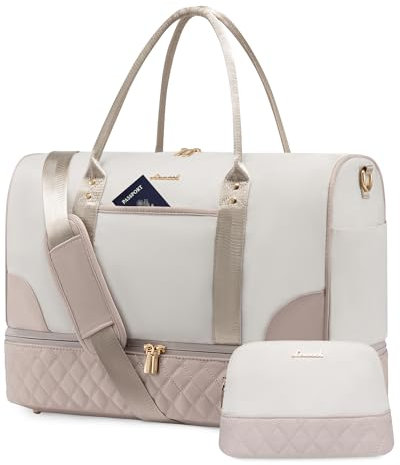 LOVEVOOK Reisetasche Damen Weekender Bag mit Schuhfach & Nassfach, 2-teiliges Set Travel Duffle Sporttasche Groß, Handgepäck Tasche für Flugzeug Reisen Gym Yoga, Beige & Khaki, M