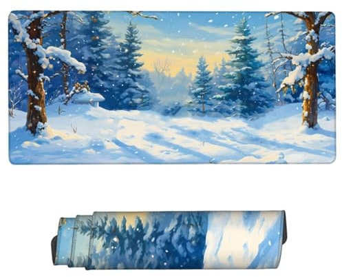 Spelmusmatta snö scen musmatta, vattentät musmatta träd skrivbordsmatta stor 150 x 80 x 0,3 cm, halkfri skrivbordsmatta, sydda kanter spelmusmatta, förbättrad precision och hastighet,