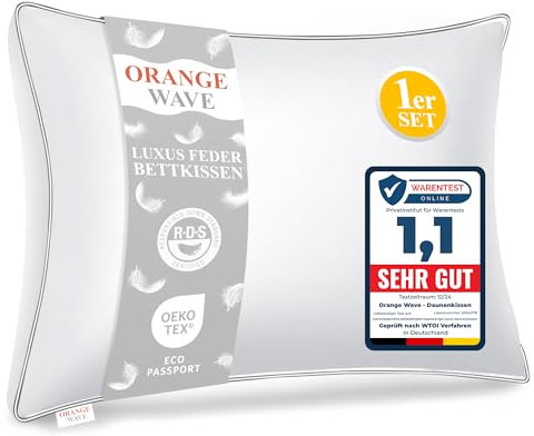 Orange Wave Kopfkissen 40x80cm Federkissen - 3-Kammer Daunenkissen und Federn Bettkissen, RDS und ÖKO-TEX ergonomisches Schlafkissen – Doppelte Kombination aus Weichheit Stützkraft