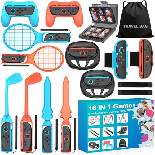 HASACOOL Switch 2 Sports Accessories,16 in 1 Sports Game Accessories Bundle Compatible with Nintendo Switch 2 Joy con, Family Sports Party Pack with Wheel Grip, Thumb Grip, Game Case and Carry Bag