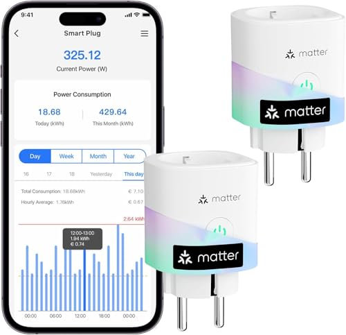 meross Matter WLAN Steckdose mit Stromverbrauch, Smart Steckdose mit Stromzähler für Balkonkraftwerk, funktioniert mit Apple Home, Home Assistant, Alexa und Google Home, Sprachsteuerung, Fernzugriff