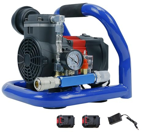 Compressore d'aria a Batteria, Compressore Aria Senza Olio Portatile, Pressione Massima 8 Bar, Capacità 1,5 L, Manometro, Include 2 Batterie e Caricabatterie