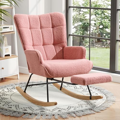 Ckaff Fauteuil à Bascule avec Repose-Pieds, Fauteuil Allaitement avec Repose-Pieds, Chaise à Bascule Scandinave Bouclette en Boucé avec Bois Massif pour Chambre d' Enfant Salon Balcon, Rose