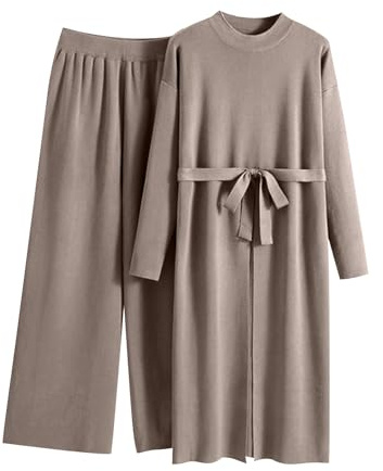 Vhersily 2026 Ensemble Femme En Deux Pièces, Robe En Tricot Avec Fente, Pantalon Large À La Mode Doux Robes + Pantalon De Jogging Taille Haute Chic Élégant Classique Pour La Maison Bureau, Café