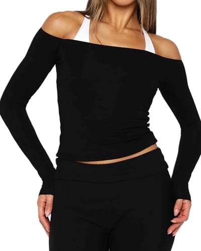 Womens Off The Shoulder Tops Casual Solid Color Slim Fit Long Sleeve Basic Workout T-Shirt Y2K Going Out Crop Top Gym Yoga Shirts