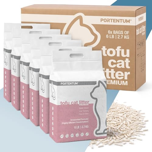 PORTENTUM Arena de Tofu para Gatos sin Perfume – 16,2 kg de Arena aglomerante para Gatos con Control de olores y fácil Limpieza – Pellets Vegetales Que no se pegan y Mantienen el arenero Limpio