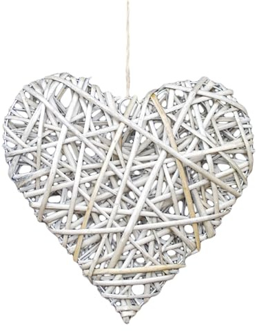 Large Wicker Heart Wreath, Antique Wash Grey Willow, Rustic Wall Door Decor, 30cm x 30cm x 6cm, Jute Rope Hanging