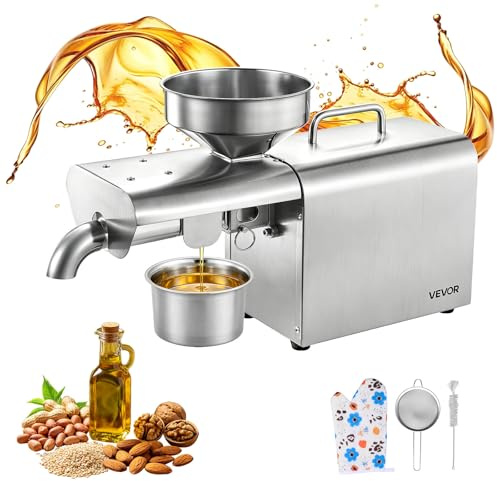 VEVOR Macchina Pressa Elettrica Spremitura dell'Olio, Estrattore Automatico Frantoio per Olio 750 W con Pressatura a Caldo 50 °C-300 °C, Estrazione Semi Arachidi Sesamo Mandorle, Acciaio Inox