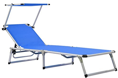 Foknhdi Lettino prendisole pieghevole con parasole, sdraio da giardino in alluminio e textilene, schienale regolabile, sedia a tre gambe per spiaggia e terrazza, 186 x 58 x 25,5 cm, blu