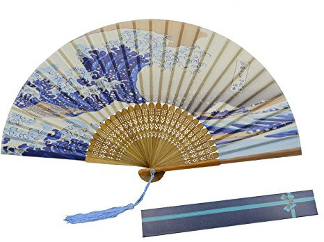 KAKOO Soie Pliant Ventilateur Avec Bambou Côtes Japonais Kanagawa Vagues Pattern Design Hand Held Gorgones Pour Danser le Mur de Bureau Cosplay Mariage Fête Les Accessoires Maison Décoration Bricolage
