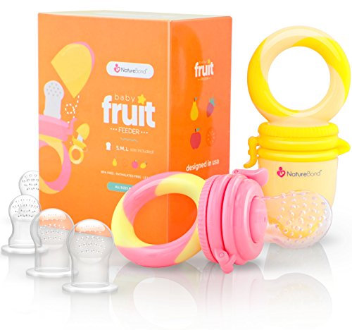 NatureBond Fruchtsauger Baby Obstschnuller für Babys (2 Fruchtsauger + 6 Schnuller) - Schnuller für Obst, Gemüse & Babynahrung 3 Monate + Beißring, BPA frei (Peach Pink & Lemonade Yellow)