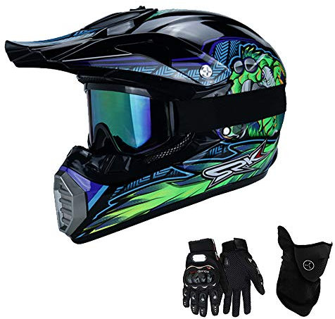 VOMI Kinder Motorradhelm für Querfeldein Sport, Motocross Helm Set mit Handschuhe Maske Brille, Junge/Mädchen/Jugendliche/Anfänger Motorrad Mountainbike Schutz Ausrüstung, (M 54-55CM)
