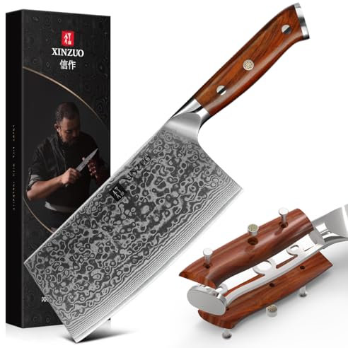 XINZUO Coltello Da Cuoco Cinese Acciaio Damasco, 18cm Coltello Mannaia, Professionale Affilata Mannaia per Carne e Verdure Coltello da Macellaio, Manico Rosewood Ergonomico -Yu Serie