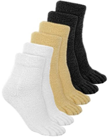 Bencailor 3 Pares Calcetines de Cinco Dedos de Mujer Cálidos Mullidos de Invierno para Chicas Hombre, Talla 5-8 (Negro, Blanco, Beis)
