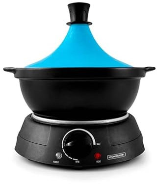 Tajine Électrique K-JINE 3L Bleu – Pot en Terre Cuite Traditionnel, Thermostat Réglable, Couvercle Conique, Nettoyage Facile Lave-Vaisselle, 4 à 6 Personnes