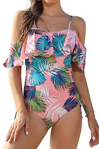 SHEKINI Donna Sexy Ruffles Costumi da Bagno Un Pezzo Bikini Imbottito Costume Intero Elegante Beachwear Bandeau Stampati Monospalla Swimsuit（XL，Rosa + Stampa di Foglie）