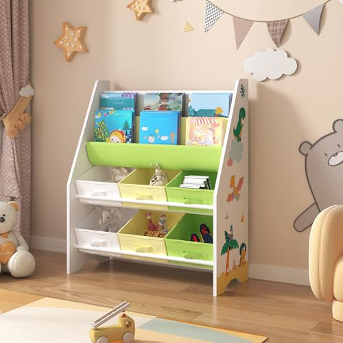 [en.casa] Kinderregal Ponteceso Bücherregal mit 2 Ablagefächern Spielzeugregal 6 Boxen Bücherkiste mit Dinosaurier-Motiv Weiß Grün Gelb Kinderzimmer Organizer