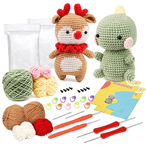 Ruasol Häkelpaket für Anfänger, Häkelpaket mit Garn, DIY-Häkelpaket für Anfänger, Häkelnadeln, Schritt-für-Schritt-Anleitungsvideo, Häkel-Starter-Kit für DIY-Bastelkunst, Hirsch und Dinosaurier