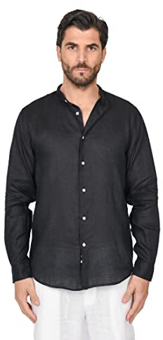 Ciabalù Camicia Uomo Elegante Slim Fit Collo Coreano 100% Lino Camicie Casual Manica Lunga (XL, Nero)
