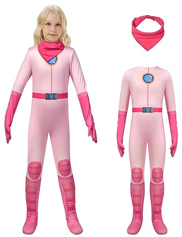 AOOWU - Costume da principessa Peach, scimmia con sciarpa per bambini e ragazze, costume da principessa per Halloween, Natale, carnevale, festa di compleanno (100 cm)