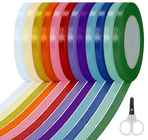 LHOEST 12 Farben Geschenkband, 6 mm X 22 m Polyester Satinband, Schleifenband, Dekoration Seidenband, Stoffband, Ribbon Seidenbänder Bunt für Hochzeitdekoration, Geschenk Verpacken, Schleifen, Basteln