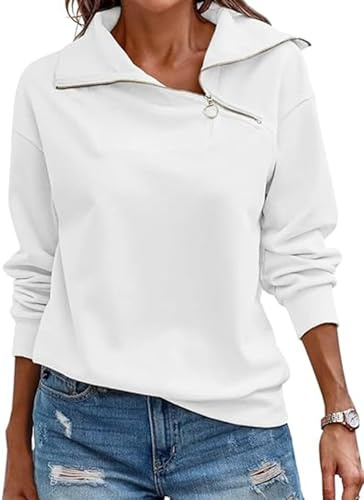 Cuptacc Sweatshirts for Women Jumpers Ladies Tops Long Sleeve Quarter Zip Jumper Stand Up Lapel Collar Thermal Pullover White, Large L 16-18