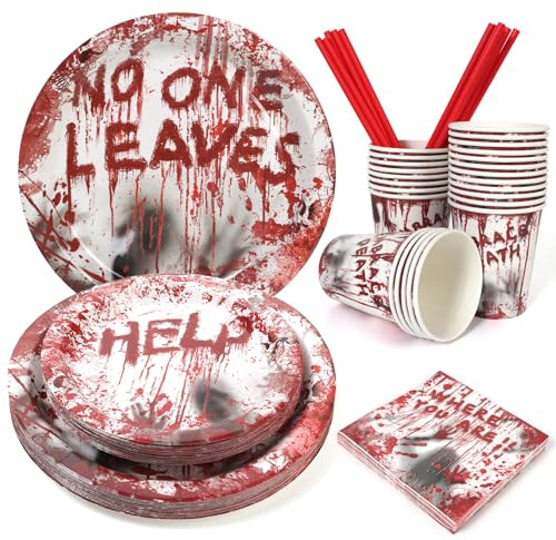 PARTY GO 125 piezas de vajilla de Halloween, servilletas, platos y vasos con pajitas, decoración de mesa para fiesta de Halloween sangrienta, decoración de cumpleaños de terror para niños, para 25
