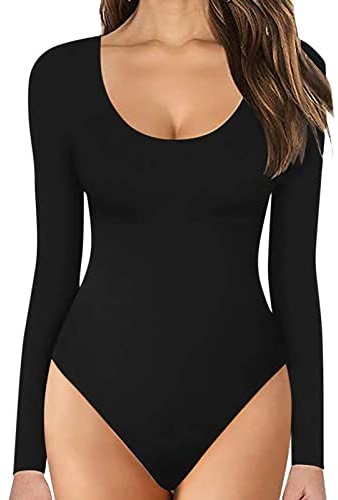 NaLatia Body Femme Élastique Col Rond Bodysuit Debardeur Chic Et Élégant Justaucorps Body Suits avec String - Sans manches/Courte manches/Longue manches
