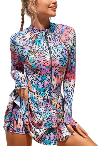 Ausing - Bañador de manga larga para mujer Rashguard 1 pieza de protección solar playa S-XL