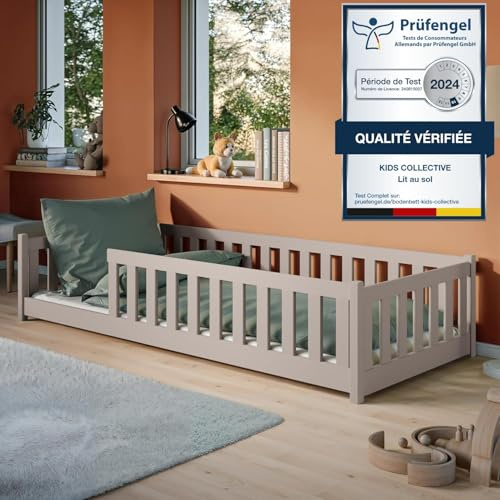 Kinderbett Bodenbett 90x190 cm Bett mit Matratze Rausfallschutz & Lattenrost Montessori Bett Bed Gitterbett Kinder Jugendbett Einzelbett | Kaschmir Kiefer Holz massiv Junge Mädchen