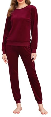 Wayleb Completo Donna Due Pezzi Pigiama Set con Top Maniche Lunghe e Pantaloni Jogger Tasche e Coulisse Outfit casa, Rosso XS