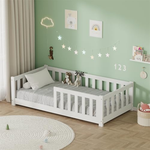 FurnitureHMD White Childrens Bed with Slat Support & Enclosure Guardrails, Solid Pine Wood Construction, Safe Toddler Bed Frame for Bedroom,80x160cm