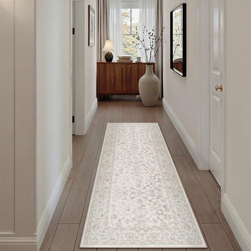 PureCozy 2x6 Beige-White Runner Rug Hallway Non Slip Kitchen Vintage Distressed Long Carpet Indoor Machine Washable Retro Floral Bedroom Accent Throw Rug for Office Laundry Bathroom Dining Living Room