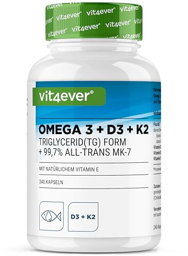 Omega 3 + Vitamina D3 + K2-240 Cápsulas (4 Meses) - Aceite de Pescado de Alta Dosis con EPA y DHA - Premium K2 All-Trans 99,7+% con Omega3 en Forma de Triglicéridos y D3 de Alta Biodisponibilidad