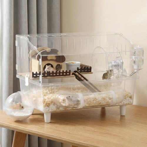 2-Layer Large Acrylic Hamster Cage, Syrian Hamster Cage With Viewing Window, 45 * 28 * 34cm Full Transparent Gerbil Cage With Mushroom House Decorations, Mouse Cage For Hamsters, Squirrels, Hedgehogs