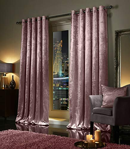 viceroy bedding Pair of Crushed Velvet Curtains EYELET Ring Top BLUSH PINK Fully Lined Thermal Insulated (46 wide x 72 drop)
